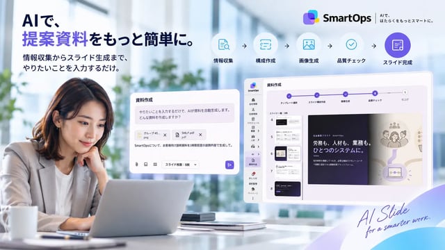 AIスライド生成, 提案資料自動作成, SmartOps, プレゼン資料作成AI, 業務効率化, 資料作成ツール, DX