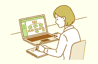 ノートPCに表示された組織図のような画面を見ながら、手元のノートにメモを取る会社員の女性のイラスト