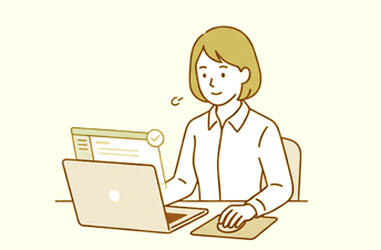 ノートPCの画面を見て、問題なく進んでいる様子で微笑む会社員の女性のイラスト