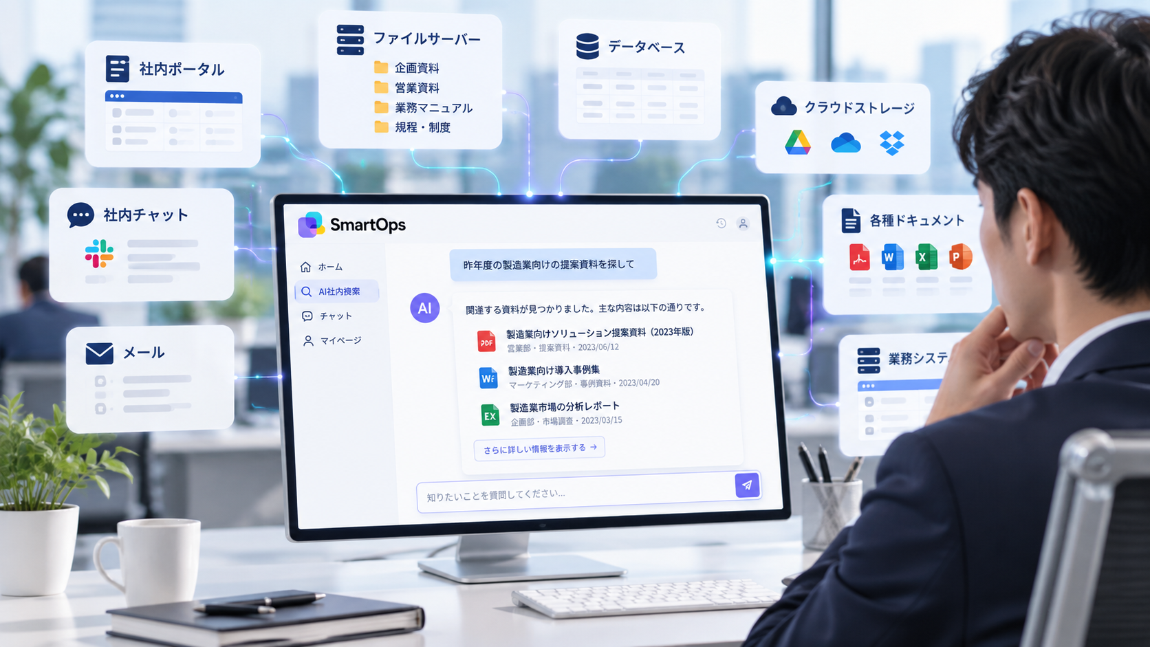 AI社内検索で社内に分散した情報を横断検索するイメージ