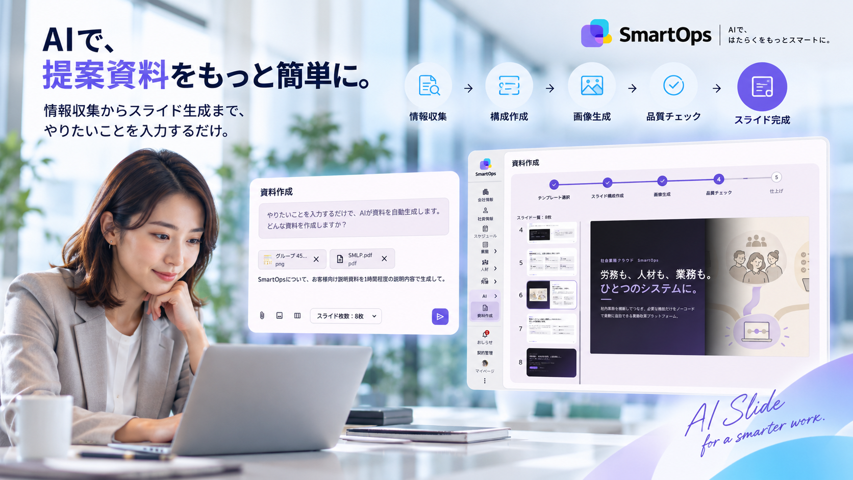 AIで情報収集から提案資料・スライドを生成するイメージ