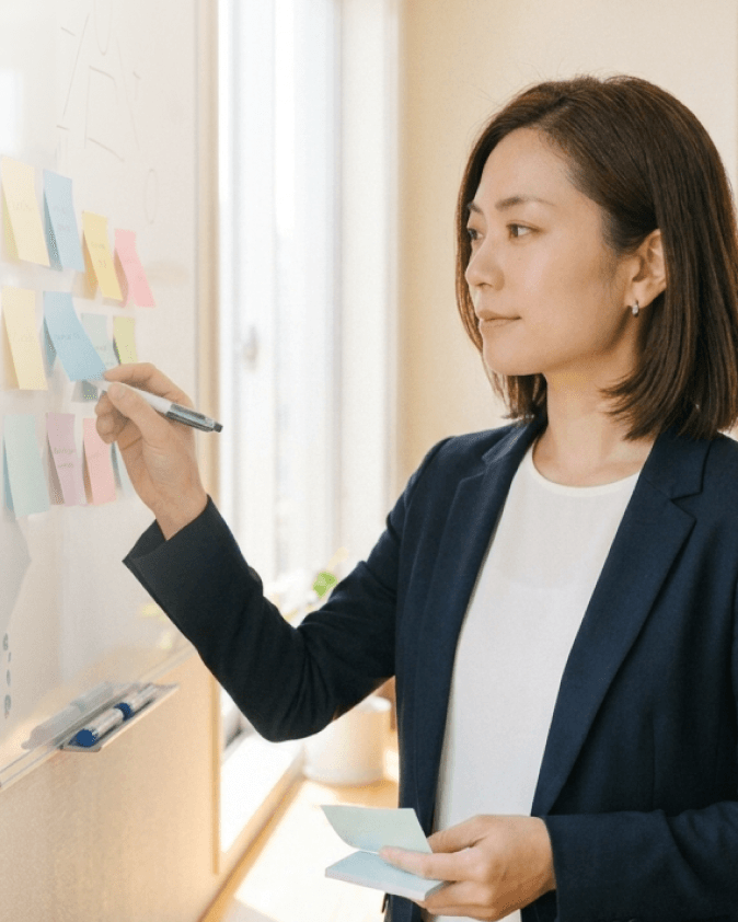 ホワイトボードの付箋を整理する人事担当の女性