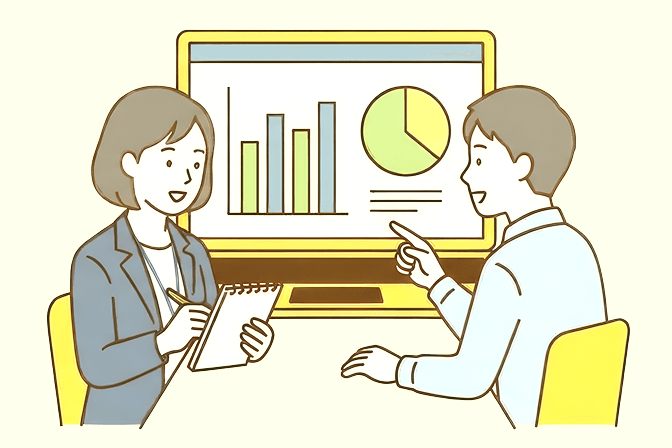 集計結果を確認し改善を話し合う様子のイラスト