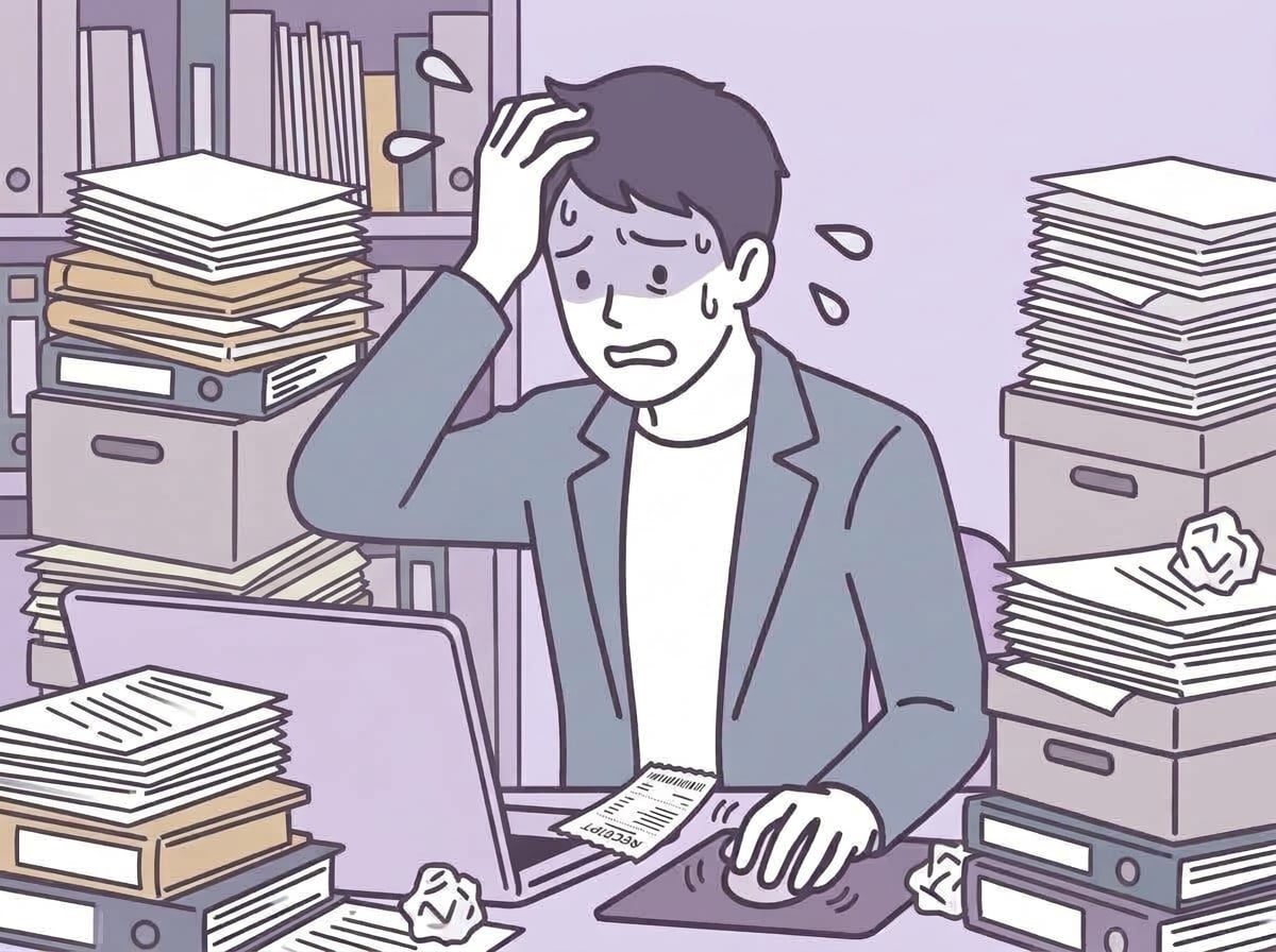 書類の山と手作業